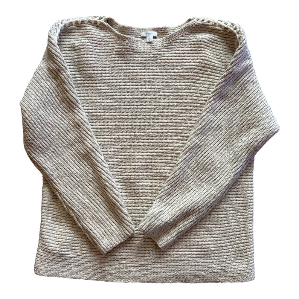 Pure Jill J.Jill Beige Ribbed Knit Boxy Pullover Sweater L Cottage Cabin Comfy